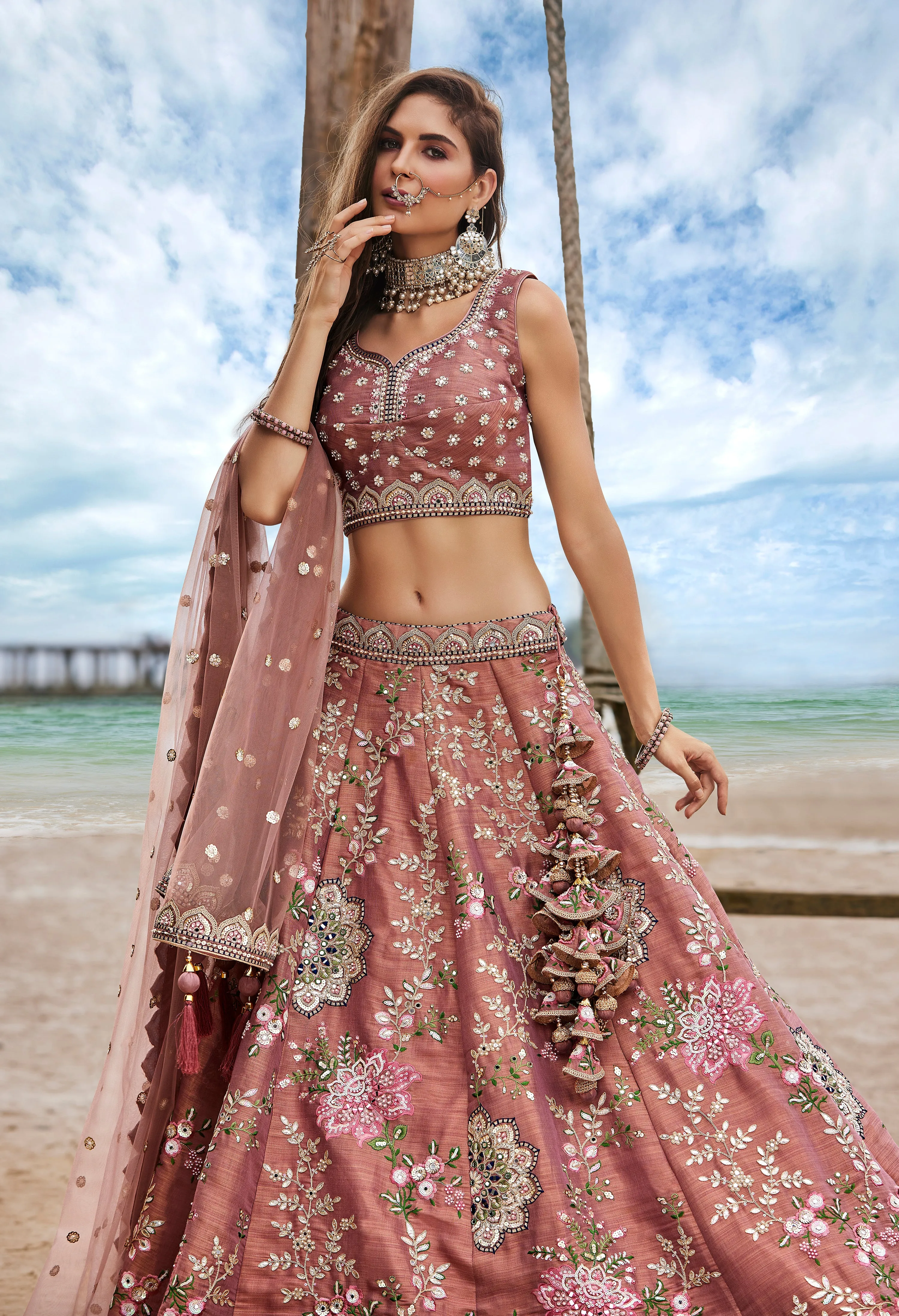 Rose Gold Net Sequins, Moti, Mirror and thread embroidery Semi-Stitched Lehenga choli & Dupatta