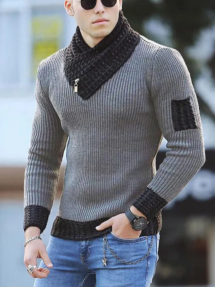 Scarf Collar Knitted Pullover Long Sleeve Patchwork Sweater