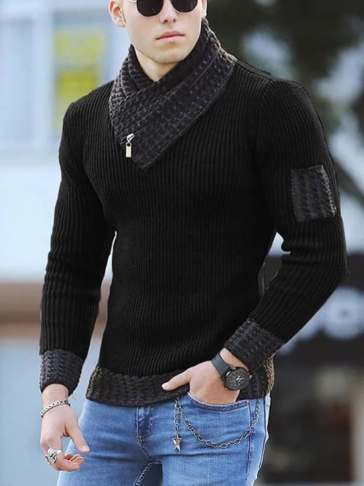 Scarf Collar Knitted Pullover Long Sleeve Patchwork Sweater