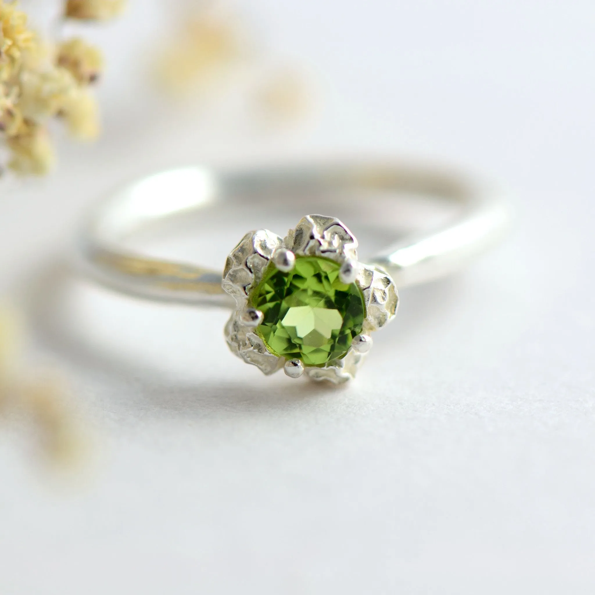 Solitaire floral ring design, delicate peppercorn, engagement ring