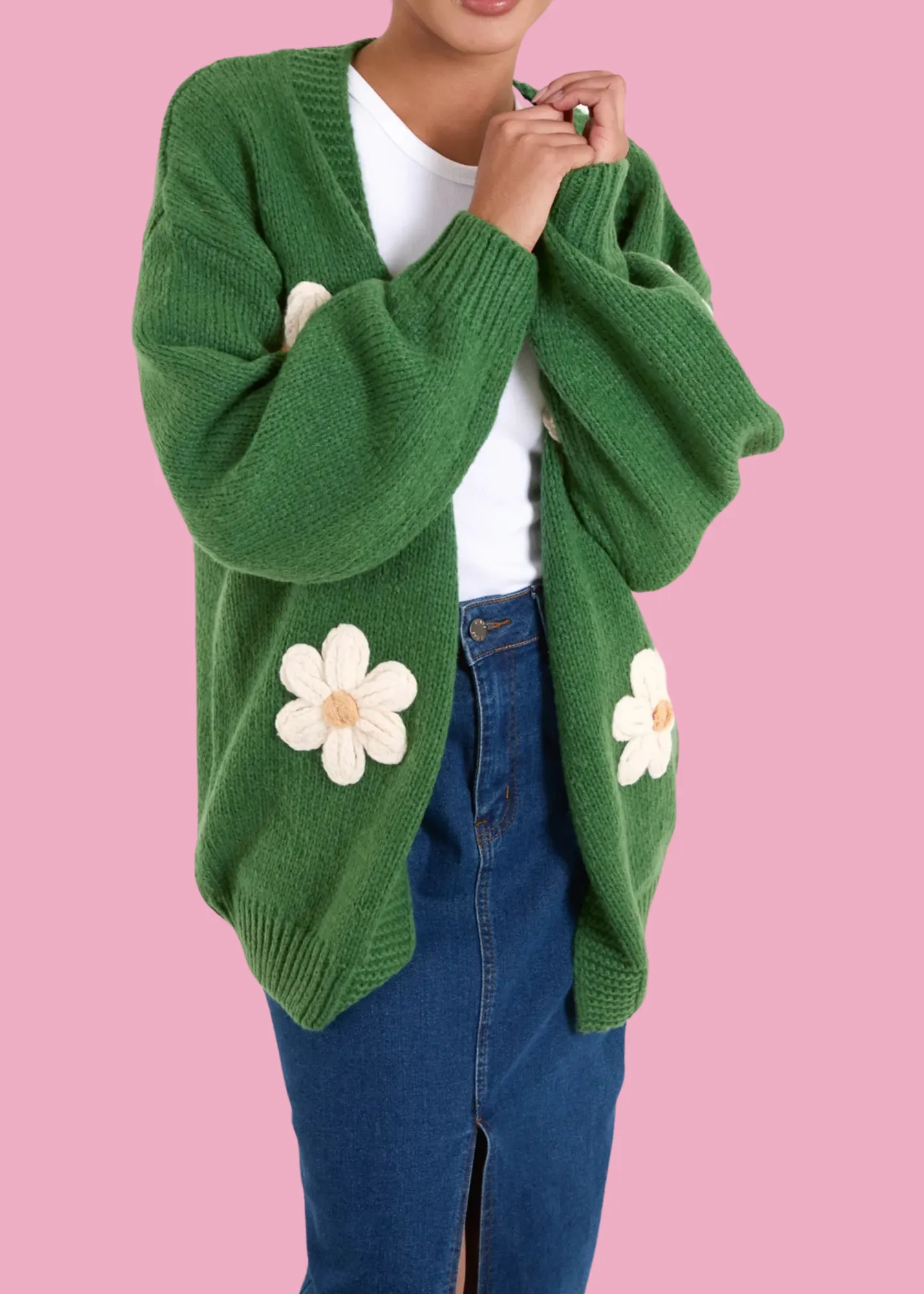 The Edit - Chunky Knit Large 3D Daisy Cardigan in Green