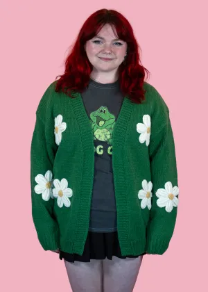 The Edit - Chunky Knit Large 3D Daisy Cardigan in Green