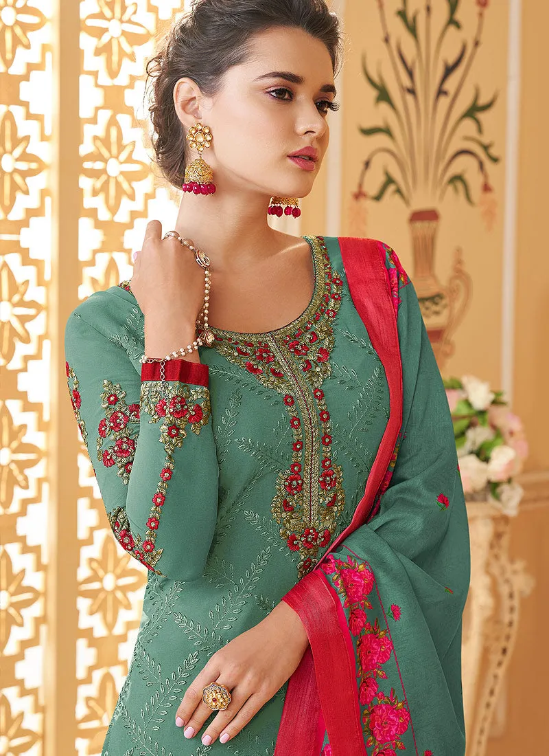 Turquoise Multi Embroidered Designer Pant Style Suit