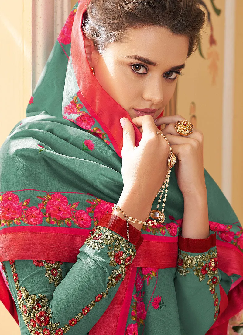 Turquoise Multi Embroidered Designer Pant Style Suit