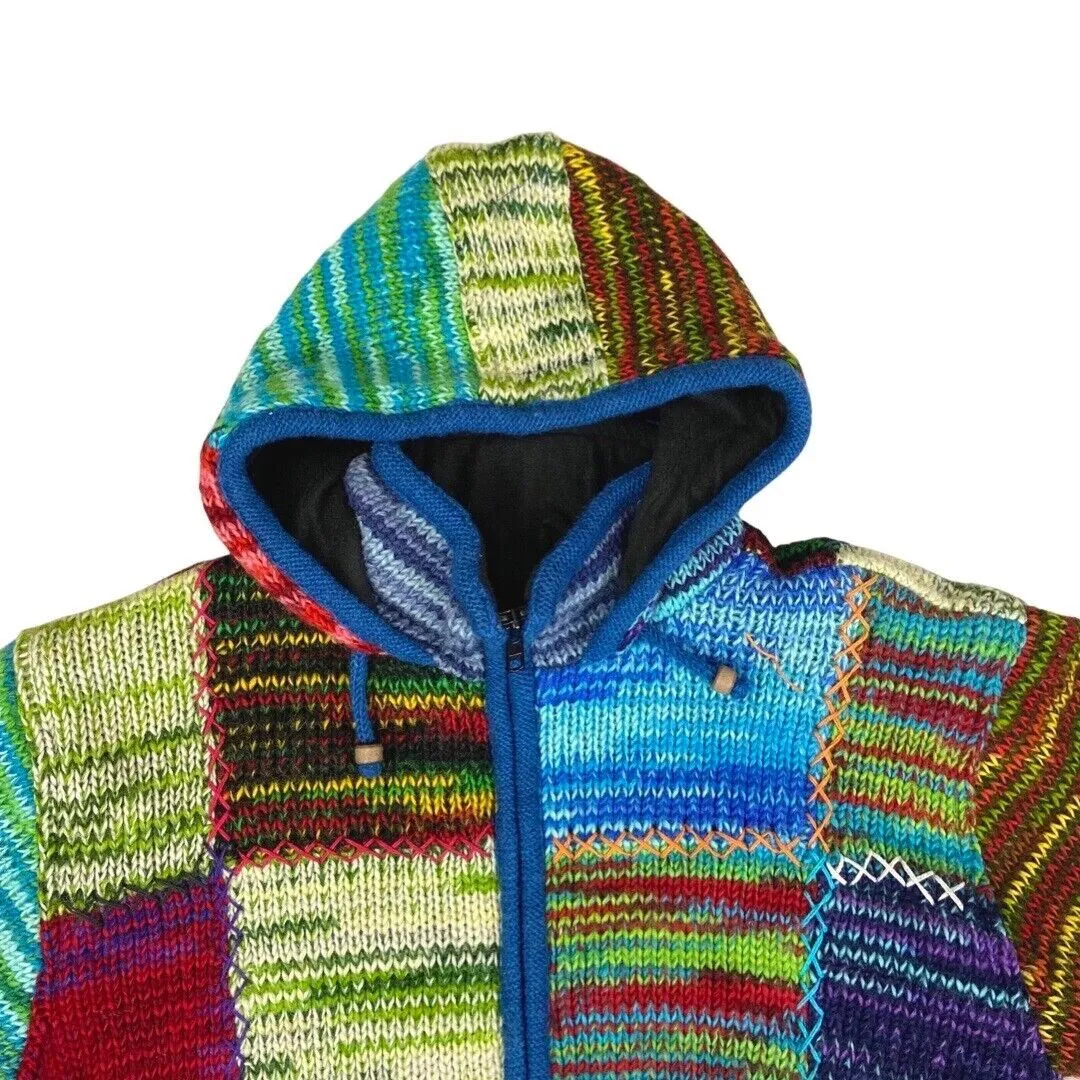 Vintage 90s 00s Blue Red 100% Wool Patchwork Shakaloha Knit Zip Cardigan 16 18 L