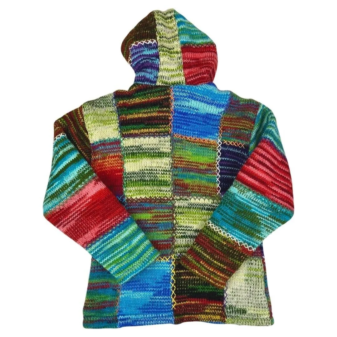 Vintage 90s 00s Blue Red 100% Wool Patchwork Shakaloha Knit Zip Cardigan 16 18 L