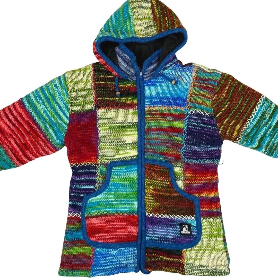 Vintage 90s 00s Blue Red 100% Wool Patchwork Shakaloha Knit Zip Cardigan 16 18 L