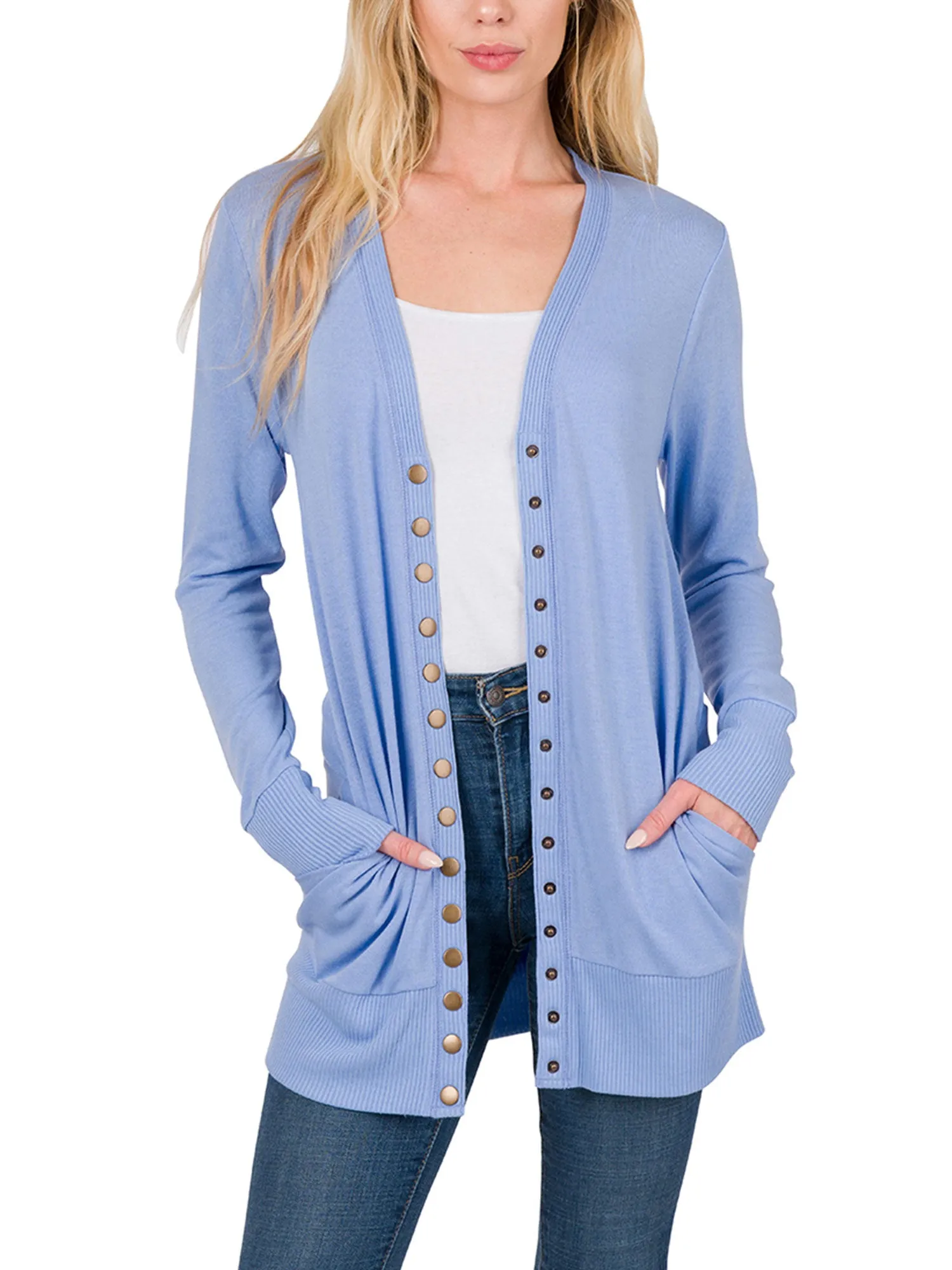 Womens Long Knit Cardigan Sweater with Pockets and Snap Buttons Detail