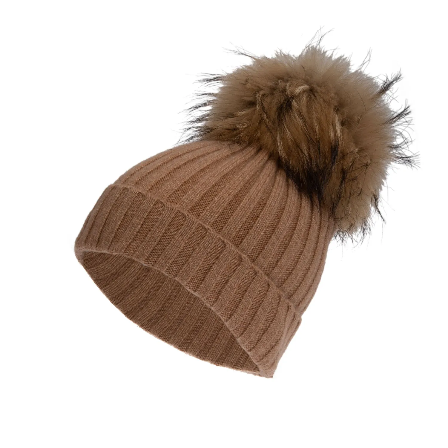 Women's Rib Cashmere Pom Pom Hat  Camel